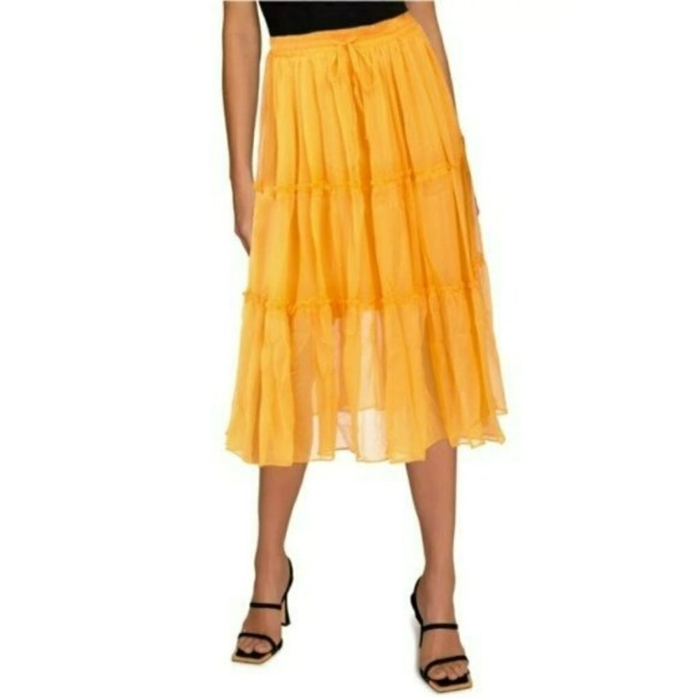 NWT WDNY Tiered Sheer Overlay Ruffle Trim Elastic Waist Flowy Midi Skirt